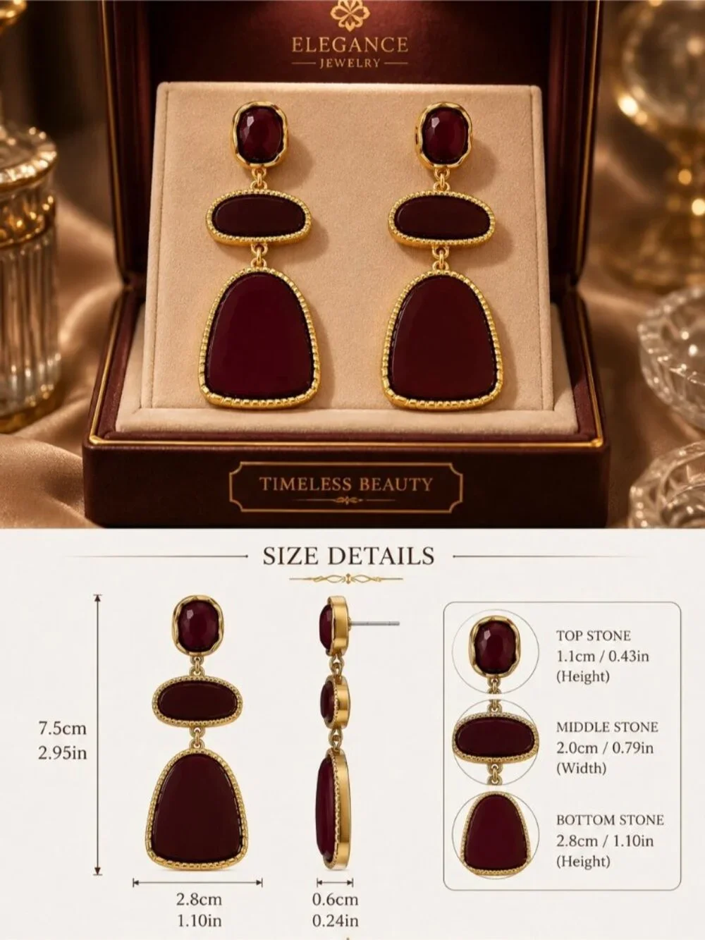 Elegant Burgundy Statement Drop Earrings - Women Jewelry